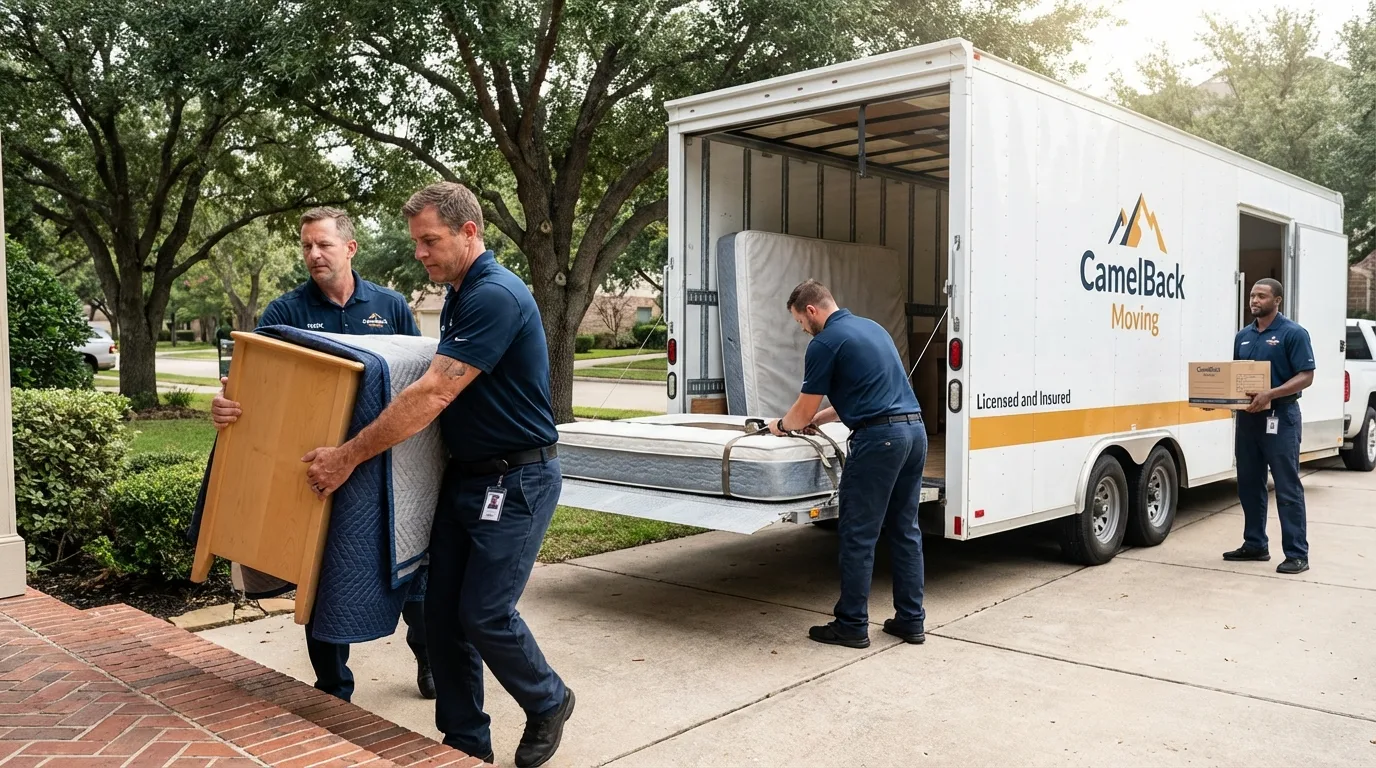 Crew loading residential truck for cross-state move from Palos Hills, IL