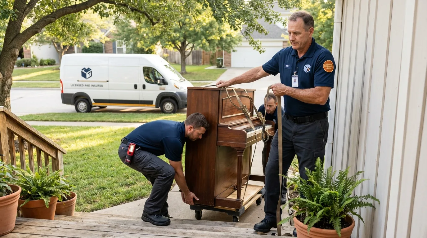 Licensed piano movers securing grand piano in Palos Hills, IL