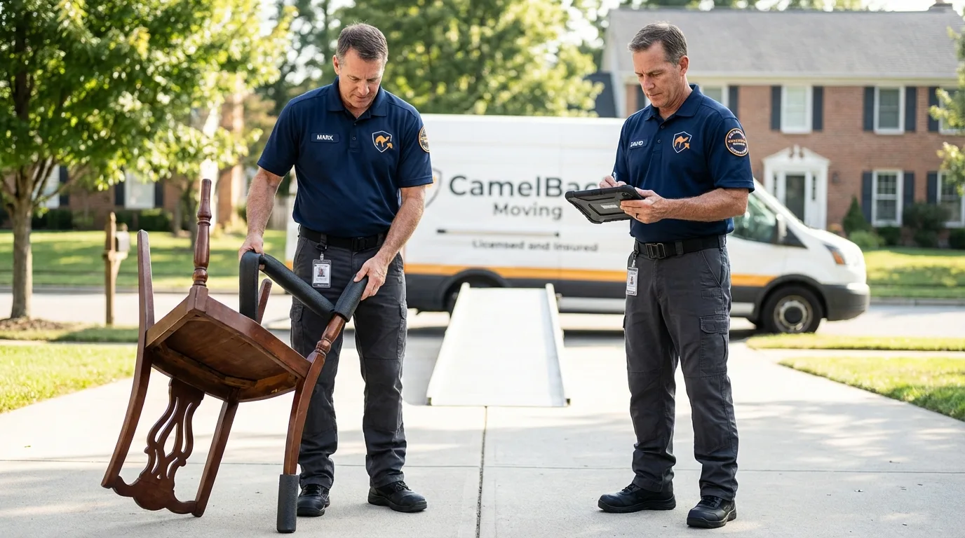 Movers inspecting furniture for damage prevention before loading in Palos Hills, IL