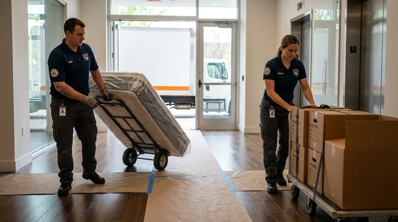 Professional apartment movers loading elevator in Palos Hills, IL