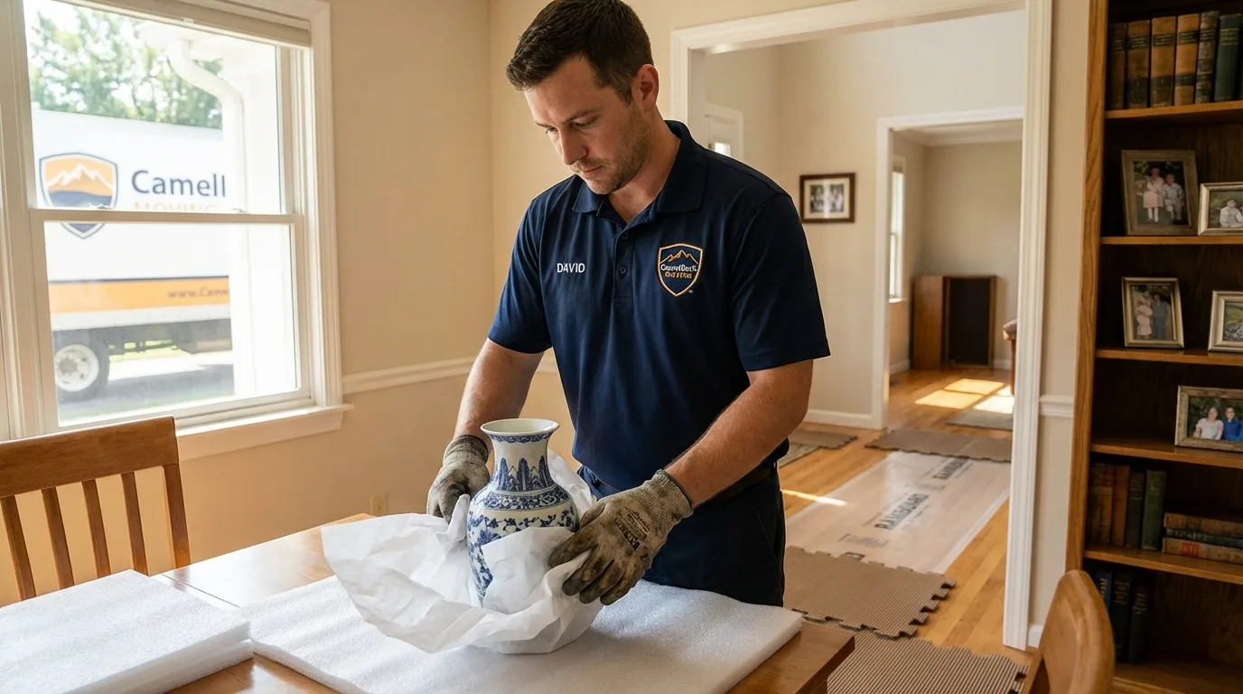 Professional crew carefully wrapping antique vase for senior downsizing move in Palos Hills, IL